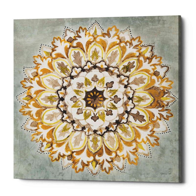 «Mandala Delight II Yellow Grey» par Danhui Nai, art mural sur toile, H 12 po x l 12 po x P 0,75 po