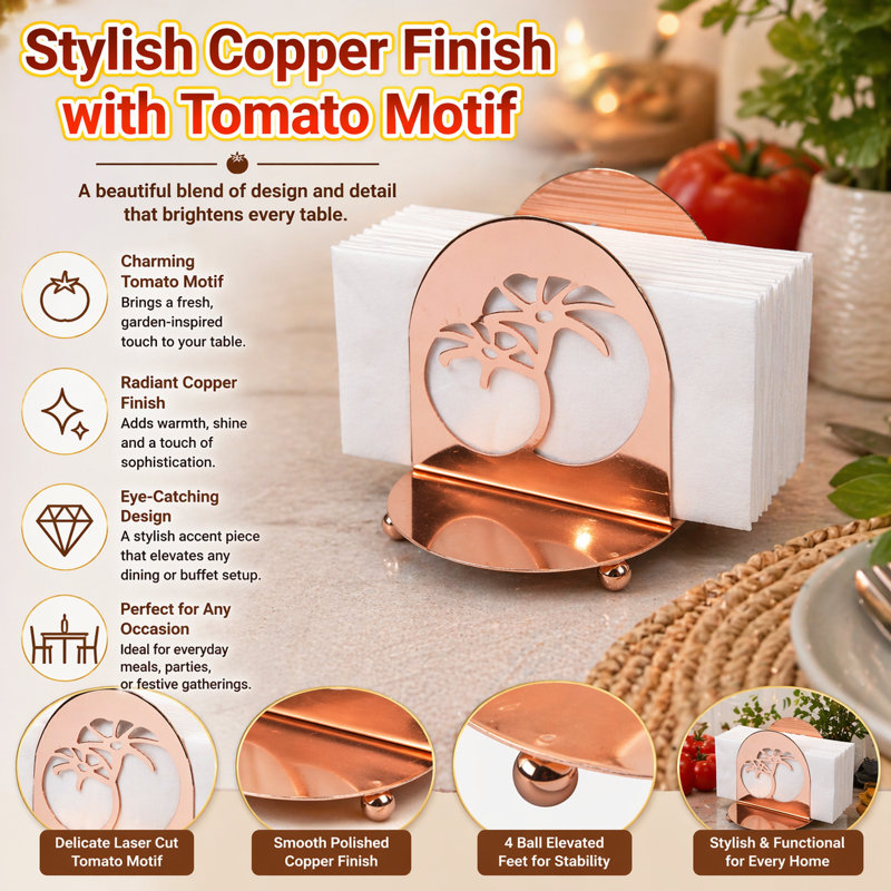 Creative Home Copper Plated Metal Napkin Holder Tabletop Organizer with Tomato Motif Cutout