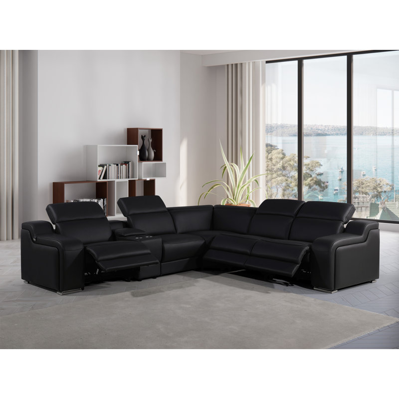 Stanya 6 - Piece Top Grain Italian Leather Power Reclining Sectional, Black Genuine Leather