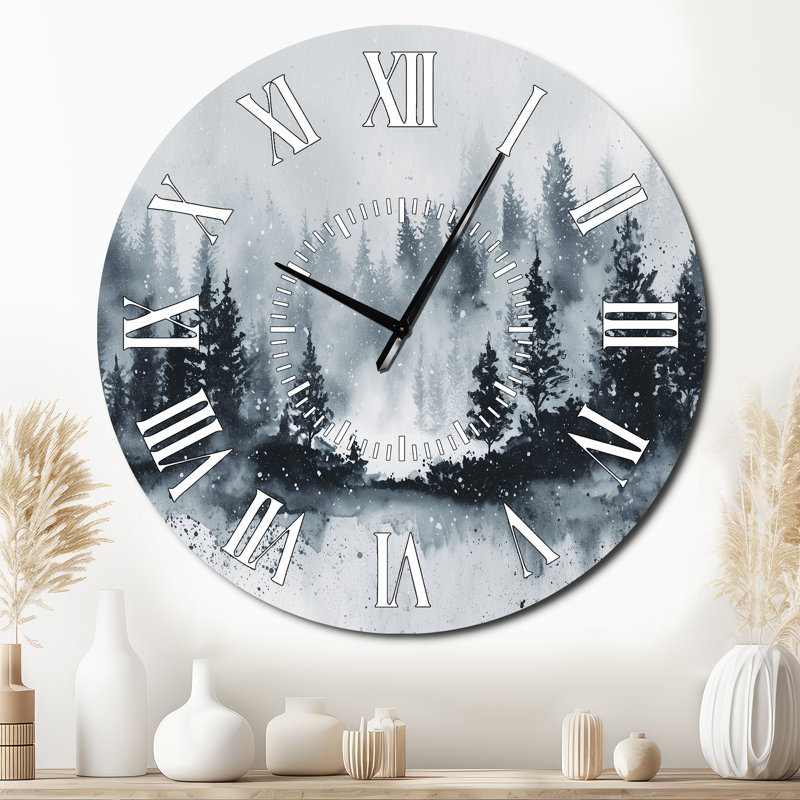 Horloge murale ronde en métal « Forêt d'hiver brumeuse » - Paysage, Surdimensionné