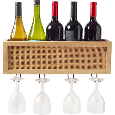 Wood and Rattan 5 Bottle Wine Rack Wall Mount With Wine Glass Storage by Bay Isle Home