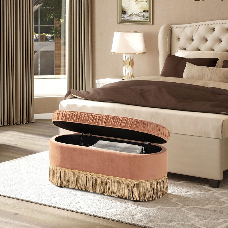Serena 38" Oval Storage Bench Ottoman, Olive Green Performance Velvet, Peach Orange Velvet