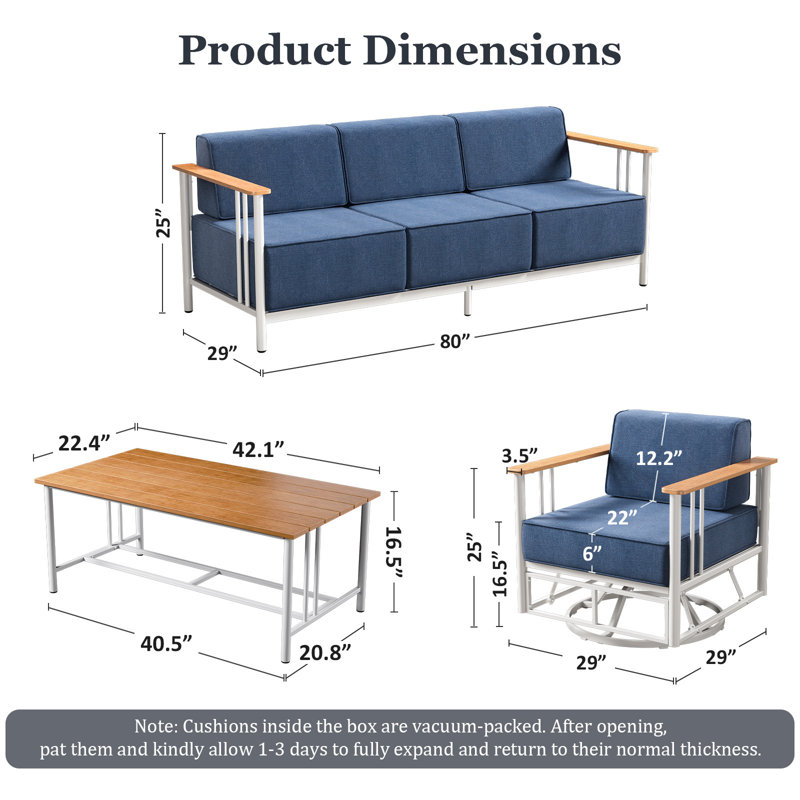 Timberloft 5-Person Outdoor Patio Conversation Set With Sofa Coffee Table Swivel Glider Chairs And 10" Thick Cushions, Blue
