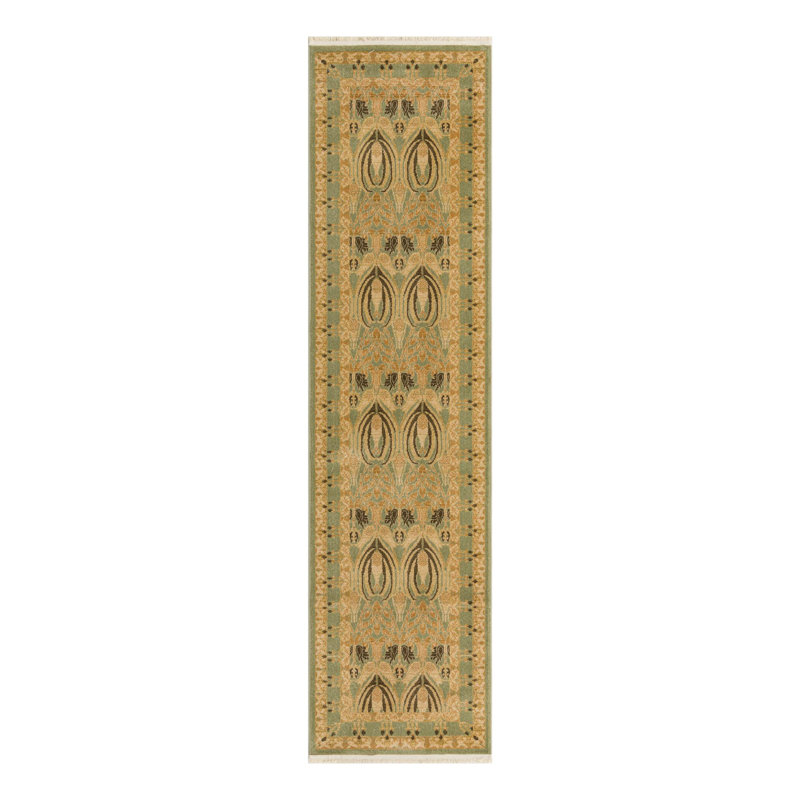 Tapis touffeté ikat Moore en vert clair / beige, Tapis de couloir 2 pi 7 po x 10 pi