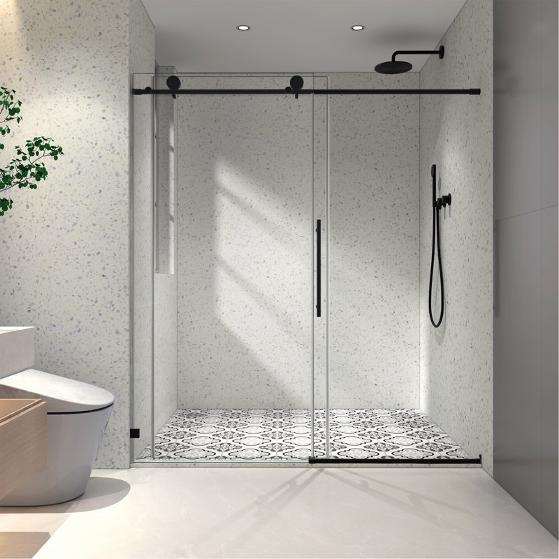 Porte de douche fixe et décalée sans cadre noir mat, grandes poulies en acier inoxydable 304 de 70 mm avec fonction de fermeture en douceur réglable, nettoyage facile, poignée anti-déflagrante