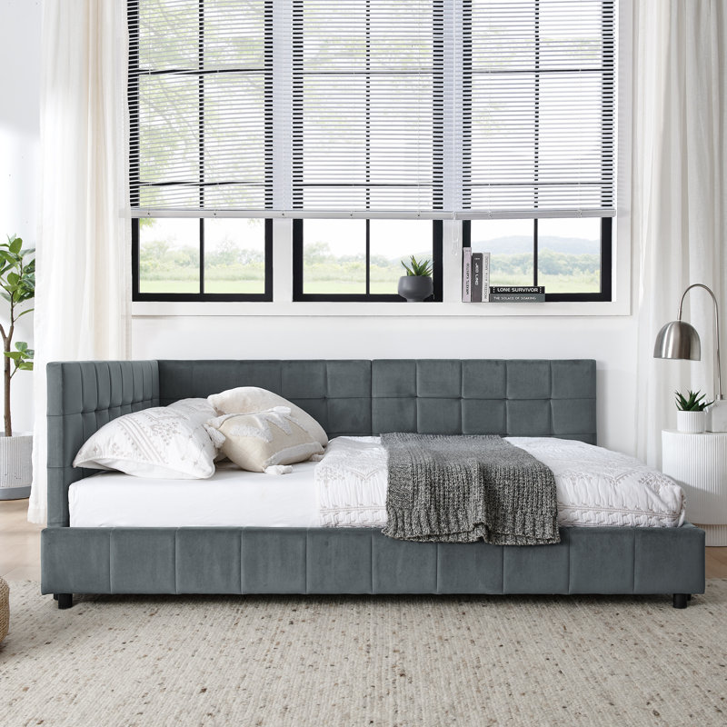  Full Upholstered Tufted Sofa Bed Frame with Backrest and Armrests, Velvet Platform Bed, Grey, Gray