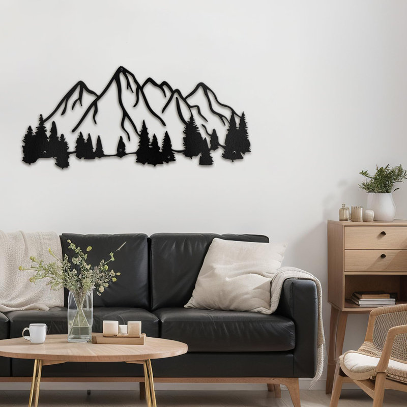 Décoration murale en métal décorative abstraite pittoresque forêt et montagne, H 16,2 po x l 36 po x P 0,05 po, Noir