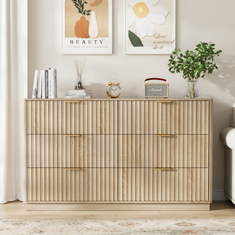 Commode à 6 tiroirs, commode double en bois 54 po pour chambre à coucher, Chêne naturel