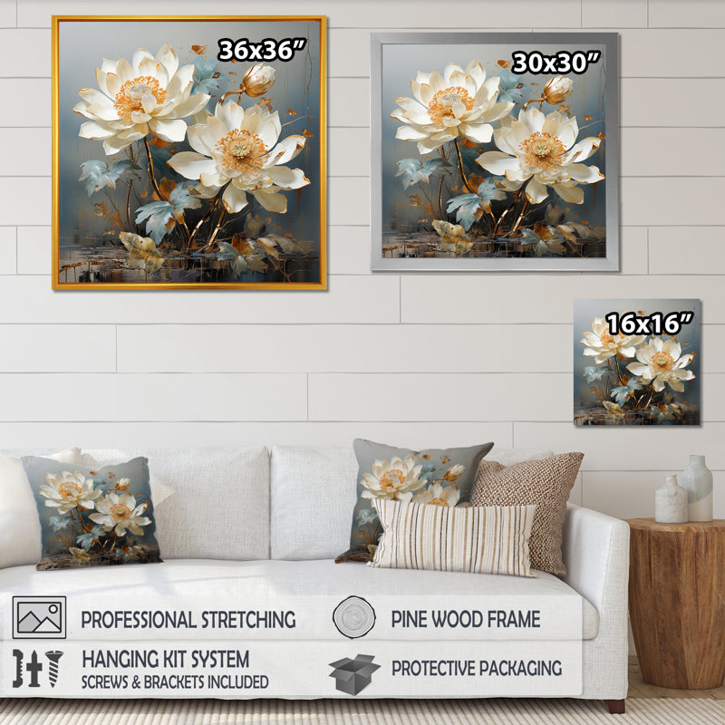 Gilded Tranquility Lotus II - impression, Cadre naturel flottant, H 16 po x l 16 po x P 1 po