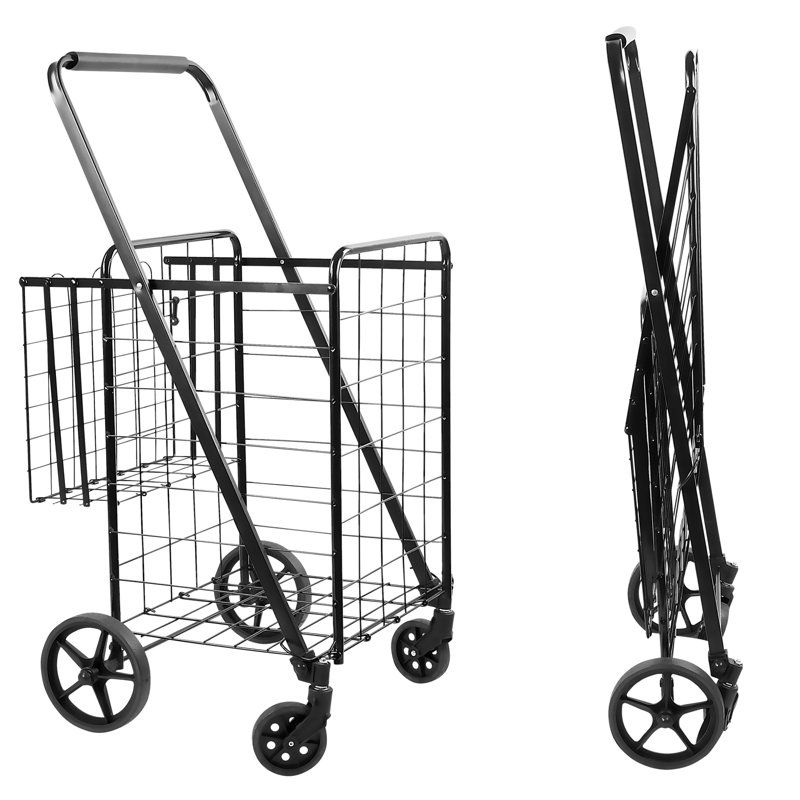 Black Metal Foldable Utility Cart with Dual Baskets