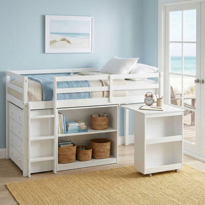 Twin Loft Bed with Desk, Drawers & Shelves, Solid Rubber Wood, Loft Bed with Storage, Space-Saving Bedroom Furniture
