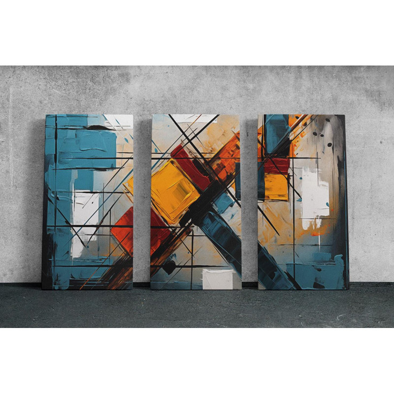 Triptych Canvas Wall Art – Modern Geometric Abstract Triptych Canvas Art - Bold Colorful Textured Painting - Contemporary Wall Decor