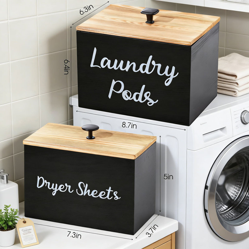 Ensemble de support à linge en bois pour dosette et sécheuse - Contenant de rangement rustique avec couvercle pour l'organisation de la salle de lavage