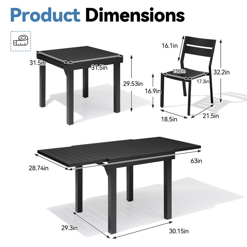 Ensemble de salle à manger extensible rectangulaire en aluminium pour 4 personnes avec chaises empilables