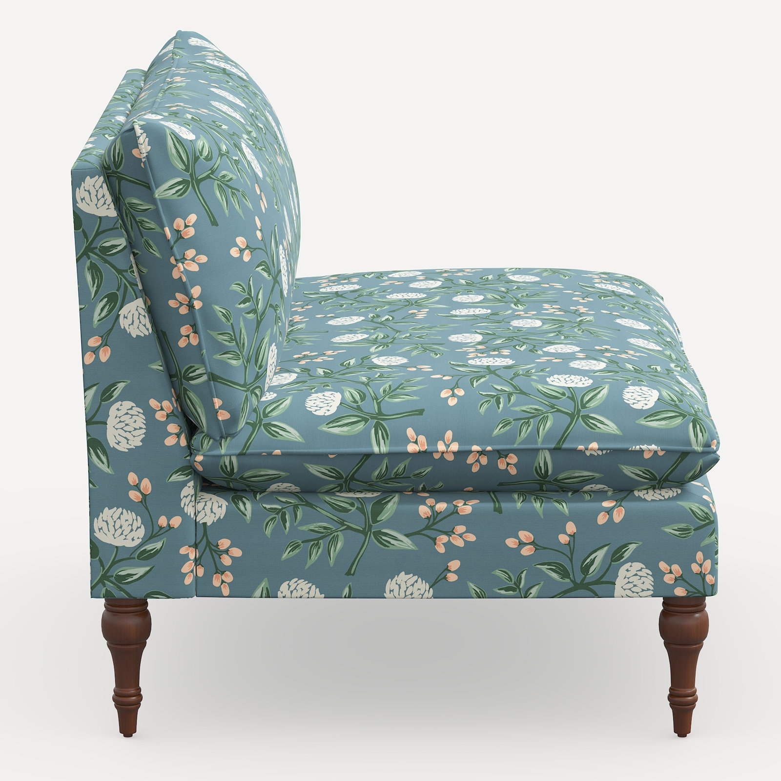 Rifle Paper Co. x Cloth & Company Louie Settee, Emerald Peonies Linen Blend, Espresso Wood