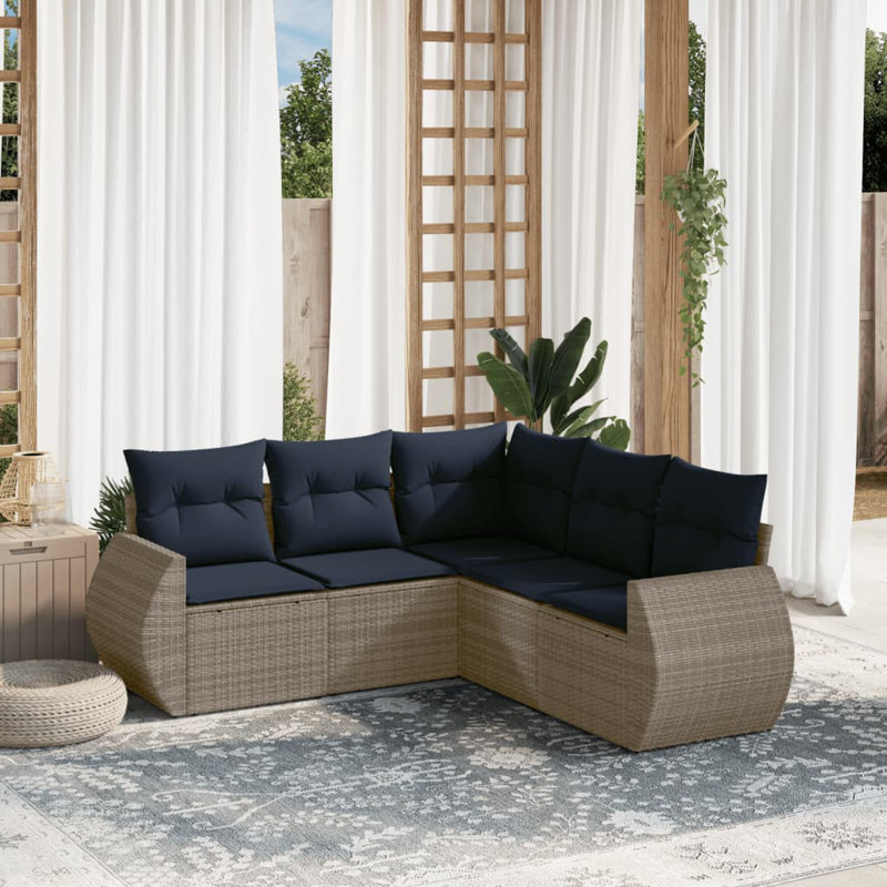 Ensemble de canapé de patio 6 pièces avec coussins en rotin de polyester brun, Coussin bleu marine / structure grise