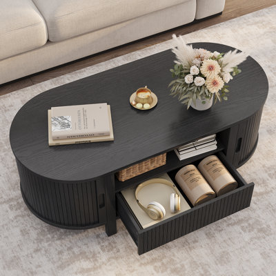 47.2'' Oval Coffee Table With Storage, Fluted Accent Center Table With Draw And Sliding Tambour Doors