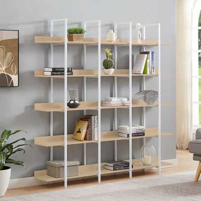 5 Tier Bookcase Home Office Open Bookshelf, Vintage Industrial Style Shelf, MDF Board, White Metal Frame, Oak