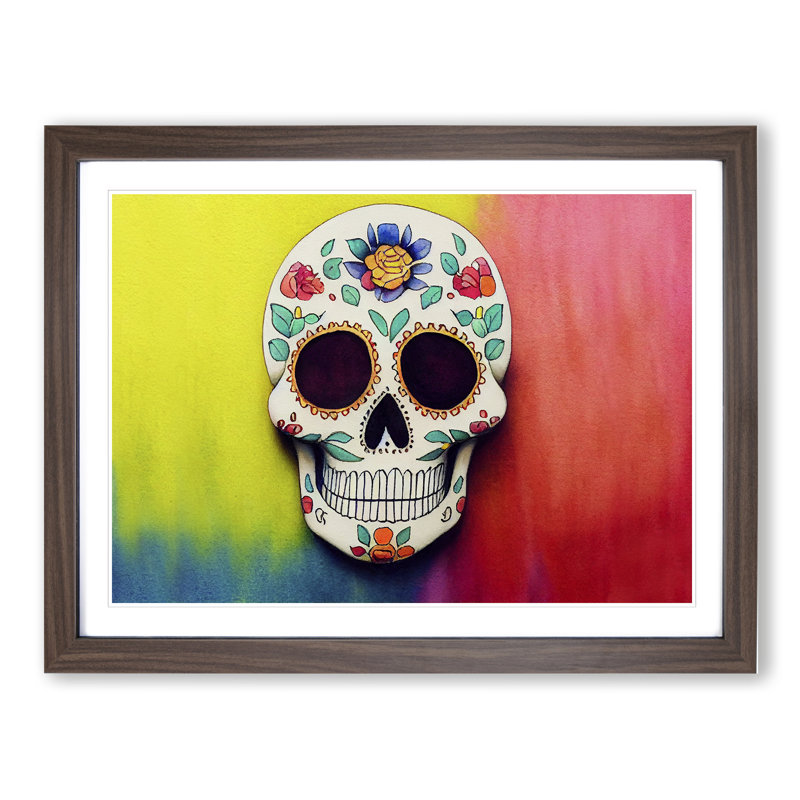 XH1022-360X A Decorated Floral Sugar Skull - Single Picture Frame Print, 46cm H x 64cm W x 2cm D, Walnut