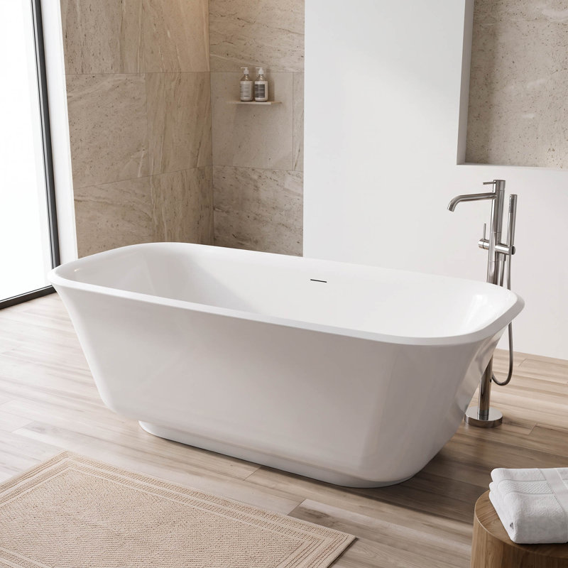 Baignoire de trempage autoportante moderne en acrylique de 67 pouces à plusieurs couches, finition blanche ultrabrillante avec excellente rétention de la chaleur, surface anti-jaunissement et facile à nettoyer pour une salle de bain spa luxueuse
