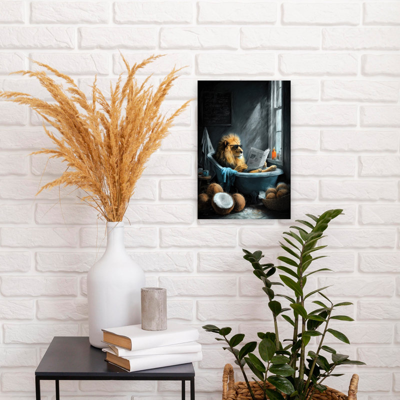 Lion dans une baignoire 2, art mural lion contemporain, H 18 po x l 12 po