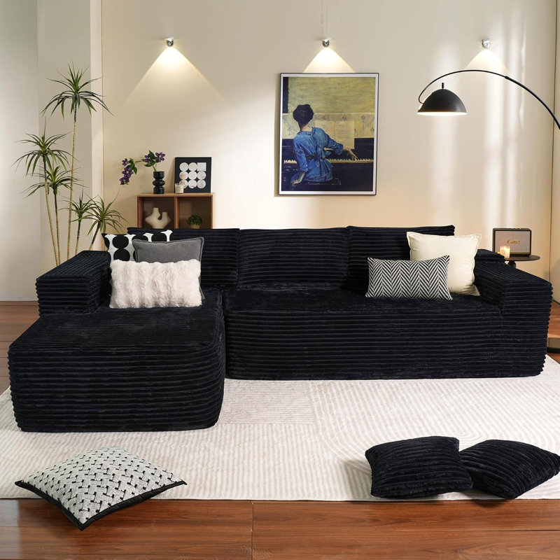 104" Cloud Sectional Couch With L-Shape Chaise, Black Corduroy