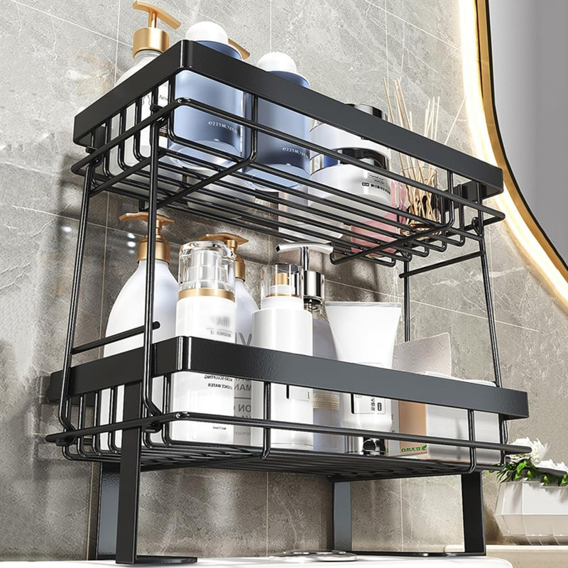 Tablette de rangement au-dessus de la toilette peu encombrante - Support de rangement pour salle de bain à 2 niveaux - Installation sans perçage - Tablette noire double couche pour serviettes et accessoires de salle de bain - Noir double couche