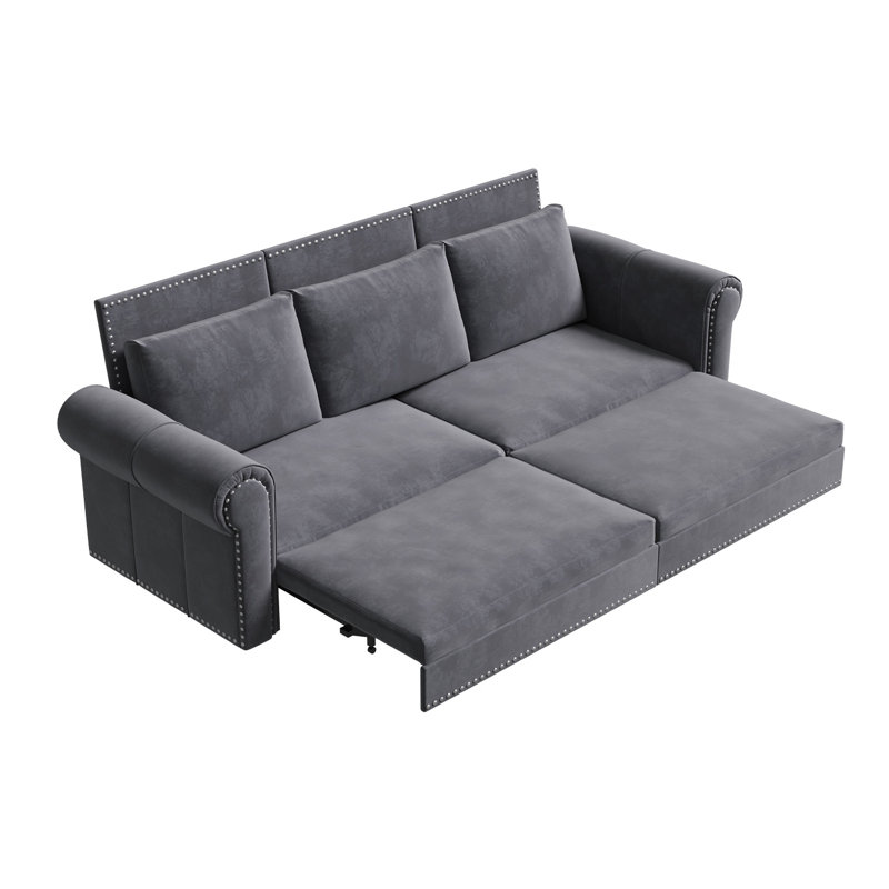 Canapé Chesterfield, canapé-lit gigogne de 93,7 po, canapé-lit convertible en velours 3 en 1 avec garniture cloutée et accoudoirs roulés, canapé-lit multifonctionnel pour le salon, la chambre à coucher, gris