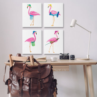 Fun Beach Flamingos 4 PC Canvas Wall Art Set by Julie DeRice