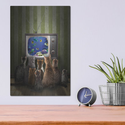 «Cats regarder la télévision» par John Hovenstine, art mural en métal, 12 po x 16 po