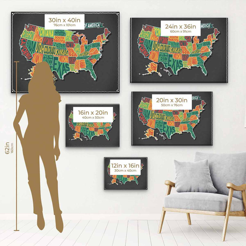 «Theophanes» multicolore, carte des États-Unis, art mural sur toile 8846, H 12 po x l 16 po, Cadre flottant noir
