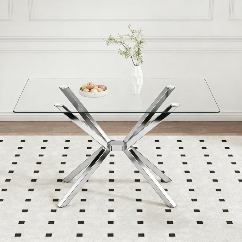 Table de salle à manger rectangulaire 47,24 "en verre trempé avec pieds en métal argenté, Argent argent