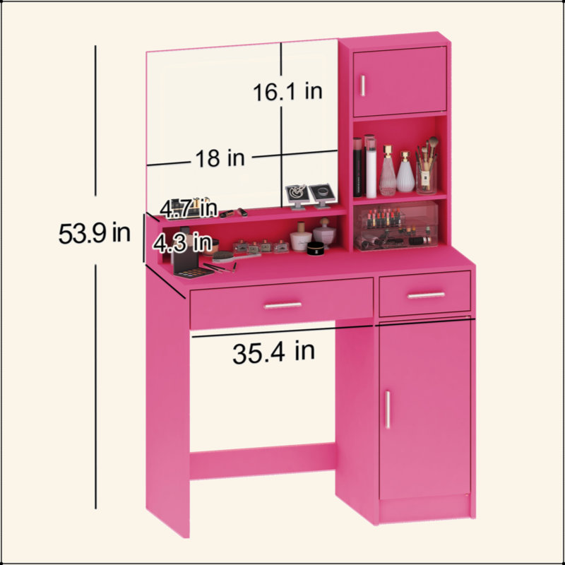 Vanity Desk With Mirror And LED Light Strip,Dressing Table With Large Drawer, 3 Level Storage Dresser & 3 Lighting Modes Adjustable Brightness, Suitable For Bedroom