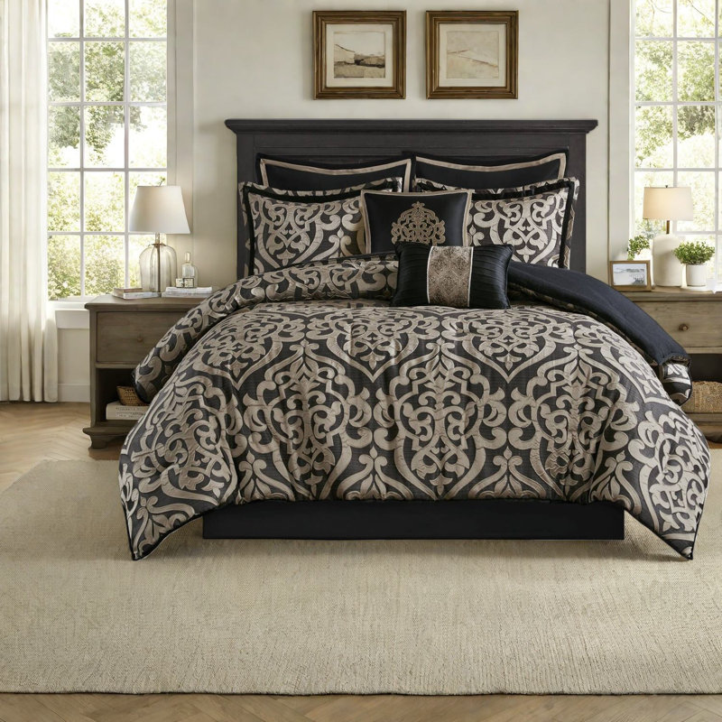 Elegant 8pcs King Bedding Set, Polyester Jacquard, Timeless Design
