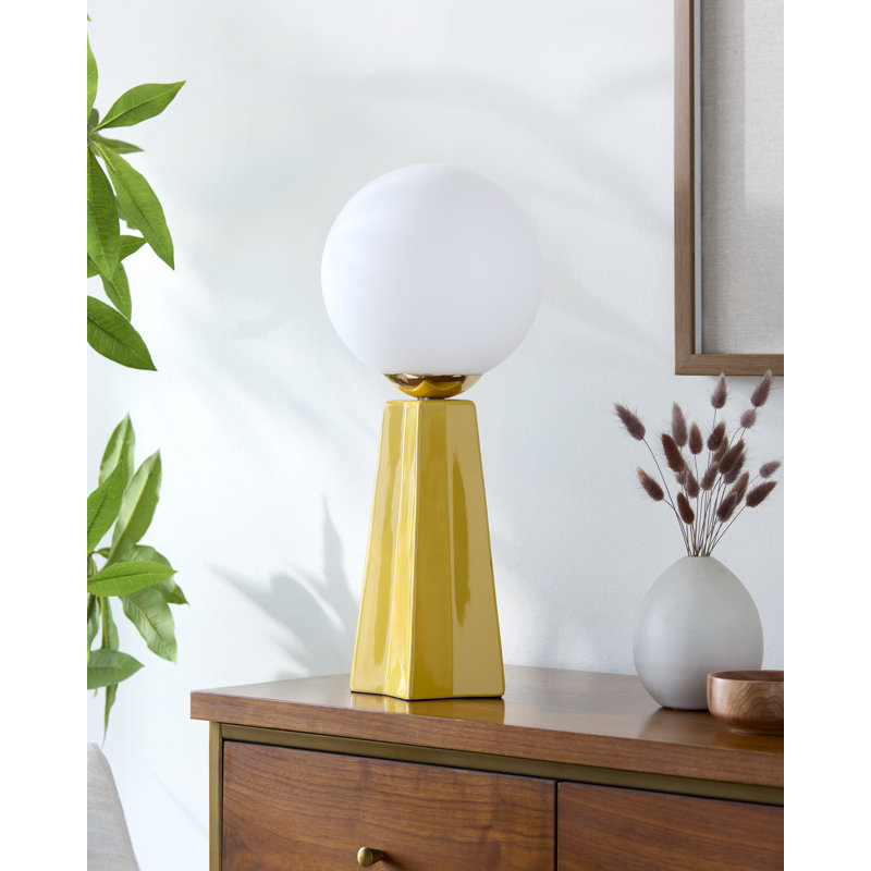 Lampe de table en céramique avec abat-jour rond en verre, Jaune vif