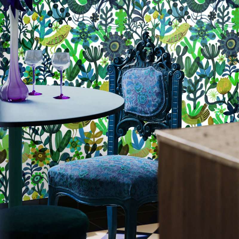 Blue Botanical Birds Scandinavian Wallpaper