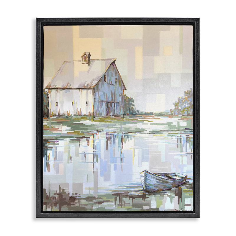 "Barn Reflections Landscape Floater", art mural par Linda Sperruche, H 21 po x l 17 po, Cadre flottant noir de jais