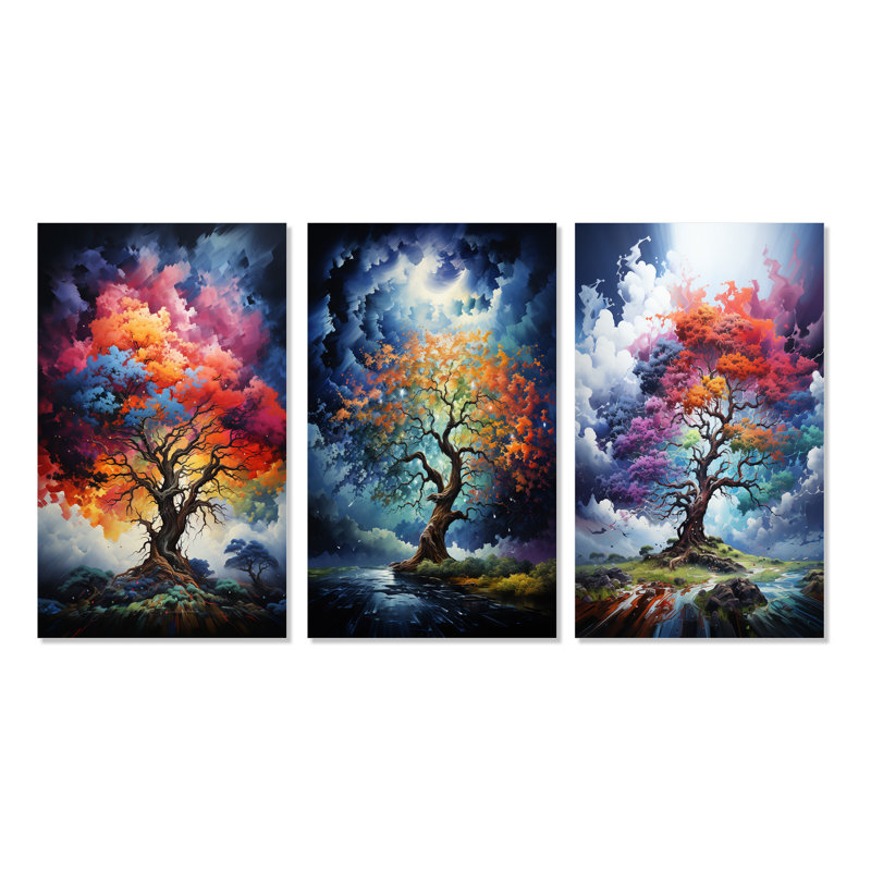 «Blue Red Oak Tree Oak Symphony», 3 pièces sur toile, Toile tendue, H 28 po x l 36 po