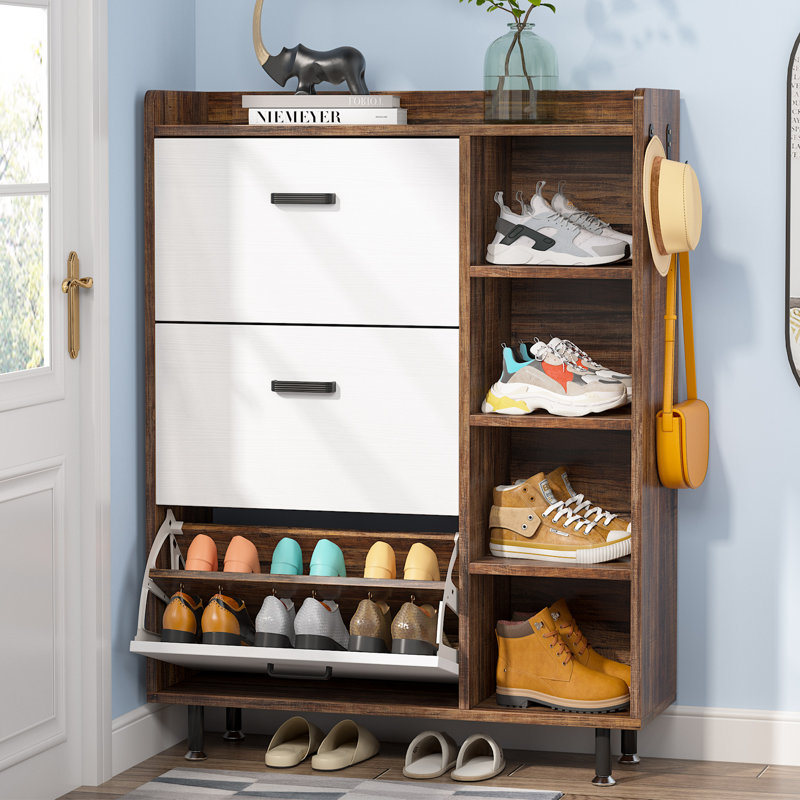 Freestanding 22 Pair Shoe Storage Cabinet, White/Brown
