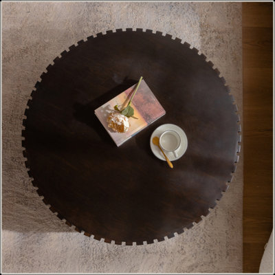 Olive-Shaped Round Coffee Table with Handcrafted Relief, Sturdy Pedestal Wooden Accent Table for Living Room