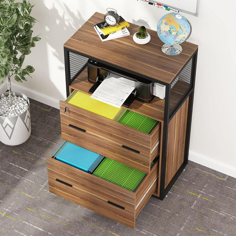 Lateral Locking File Cabinet, Letter/Legal, Large Rustic Filing Cabinet Printer Stand with Metal Wire Open Storage Shelves and 2 Drawer for Home Office (Walnut)
