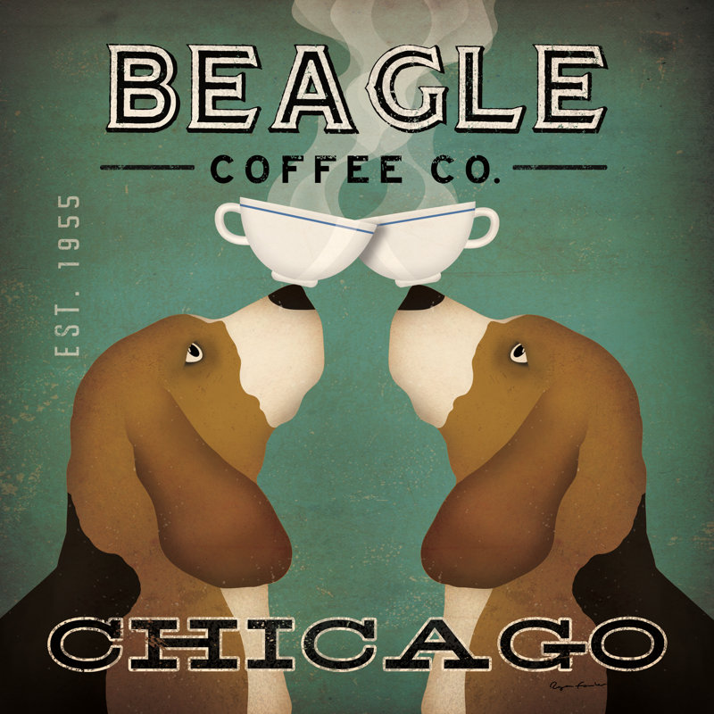 «Beagle Coffee Co Chicago» par Ryan Fowler - art textuel sur toile tendue, H 36 po x l 36 po, Non, Cadre simple érable érable
