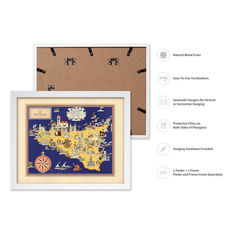 Carte illustrée de la Sicile, Affiche, H 12 po x l 16 po, Encadrement blanc