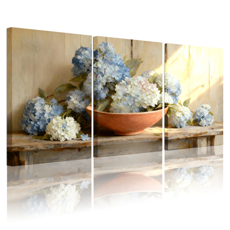Ensemble de 3 impressions sur toile hydrangées fleurs en terre cuite bol, H 18 po x l 36 po