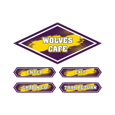 AmTab - Serving-Décor-S02-P-EC - Serving Area Signage (5 pieces) - Style 2 - Chargers
Café Sign: 24"W x 72"L
Enter Sign:  8.5"W x 36"L
Exit Sign:  8.5"W x 36"L
Grab N Go Sign:  8.5"W x 36"L
Tray Return Sign:  8.5"W x 36"L