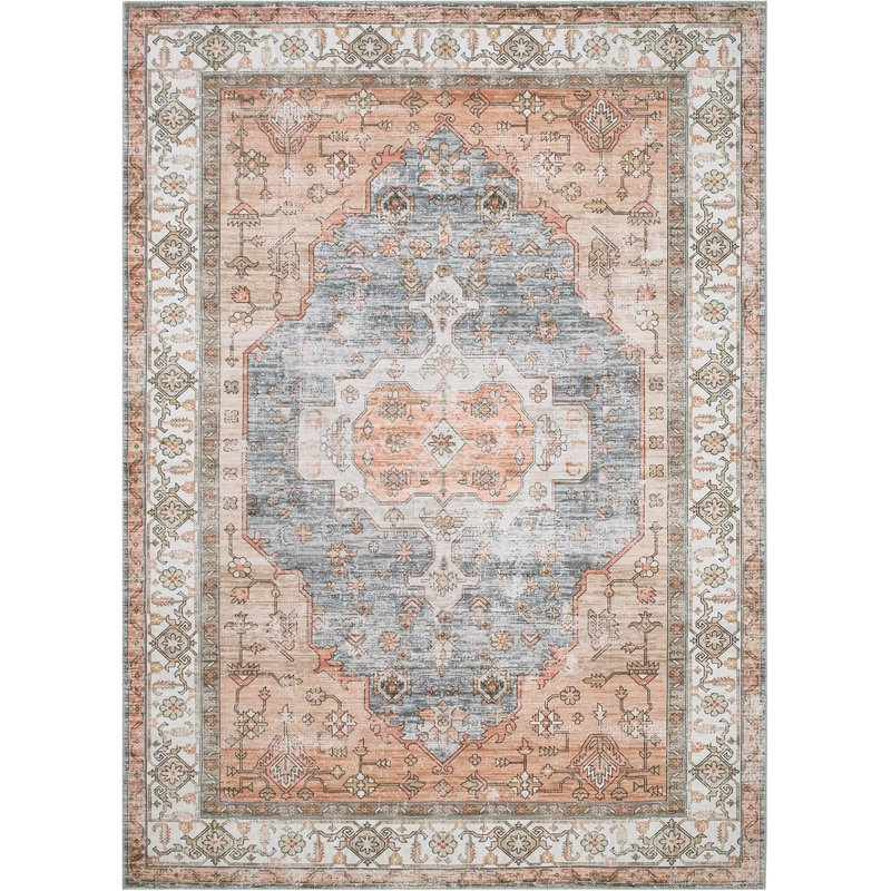 Traditional Vintage Boho Floral Area Rug - 4x6 Washable, Non-Shedding Low Pile Indoor Carpet with Non-Slip Rubber Backing for Bedroom Living Room Dining Room Office, Pink