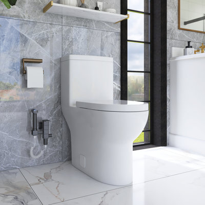 Toilette allongée 12 po à une chasse d'eau 1,6 / 1,1 GPF dans une pièce et siège blanc inclus 12 po