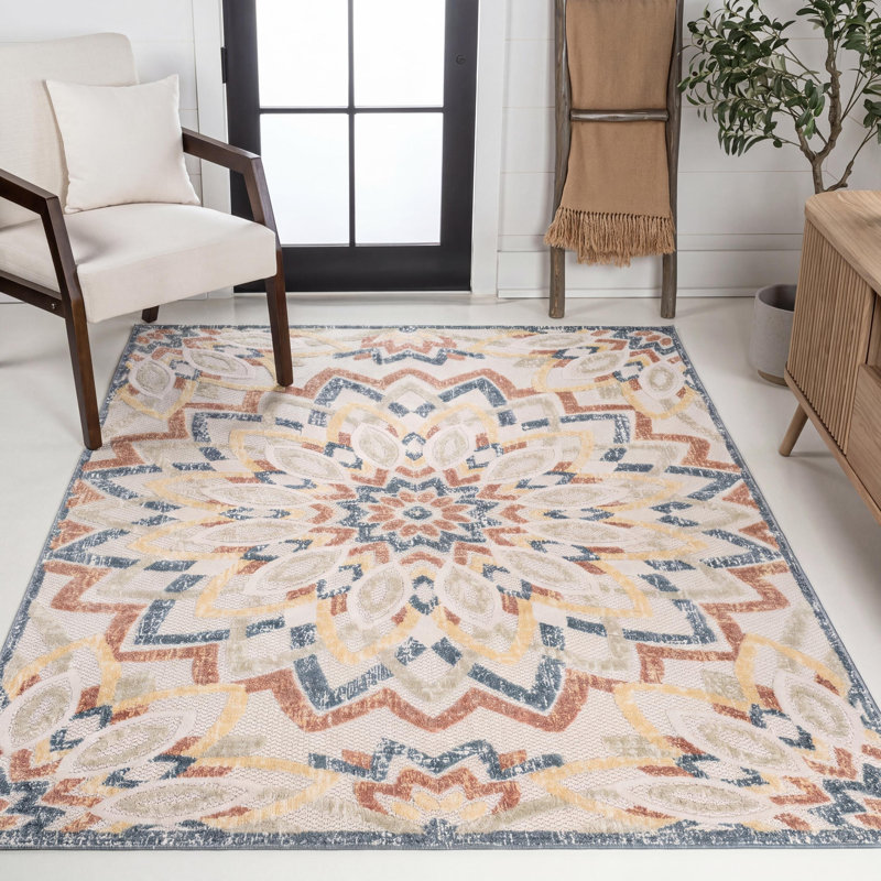 Tapis d'intérieur / extérieur Flora, Crème / Multicolore, Rectangle 3 pi x 5 pi