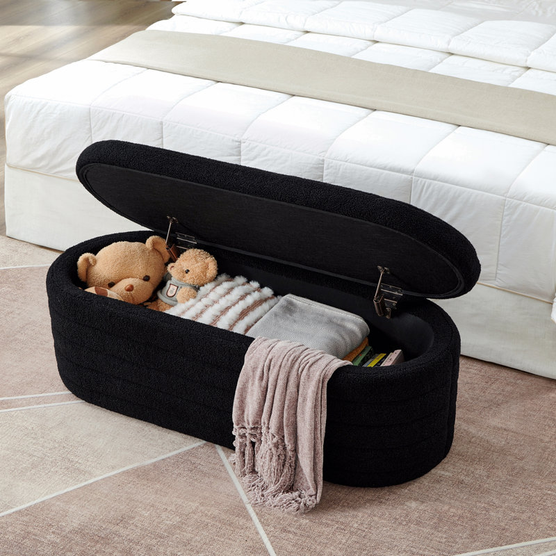Modern Style Oval With Storage Function Ottoman Bench, Upholstered Design Boucle Teddy Fabric Upholstered End Of Bed Bench With Storage Function, End Of Bed Stool With Safety Hinge
