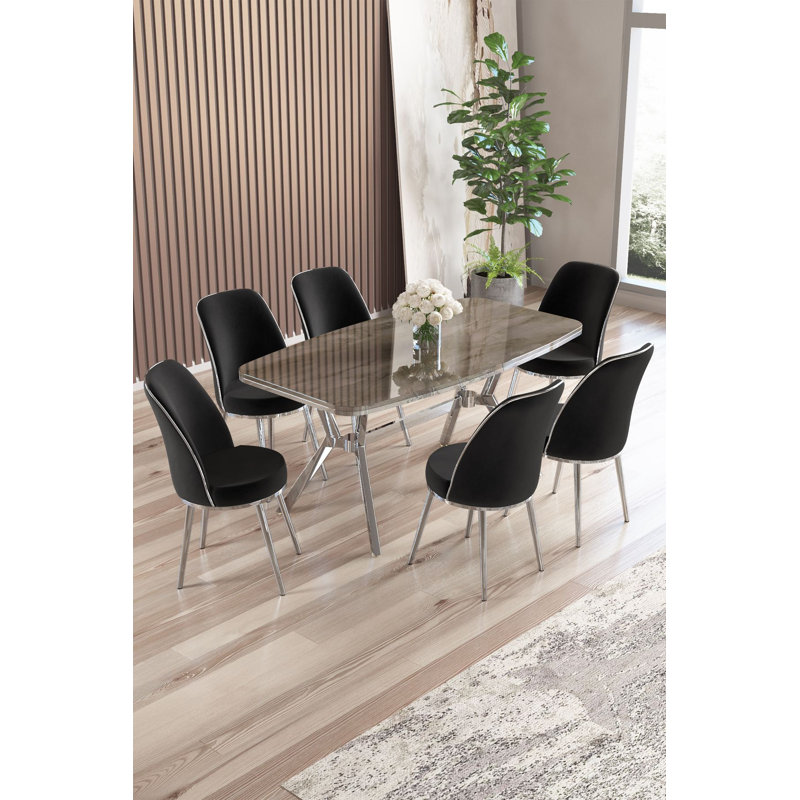 Ensemble de table et chaises de salle à manger (7 pièces), 7 Pieces: Table, 6 Chairs, Black, Anthracite/Chrome
